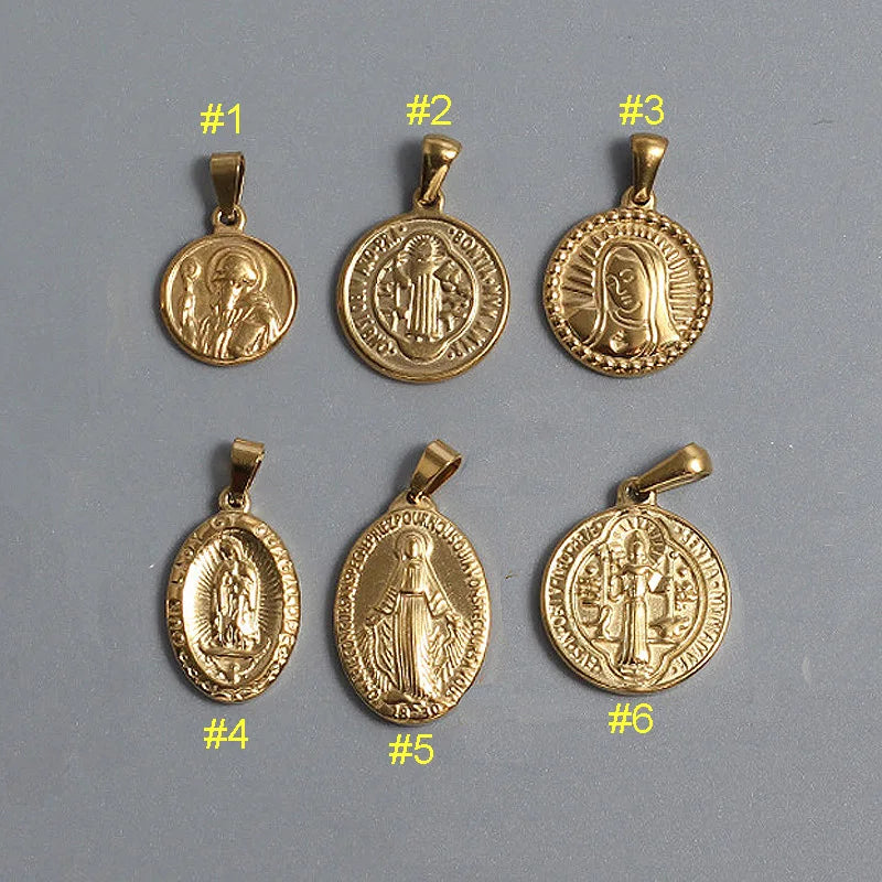 Olivia Virgin Mary Pendant Christian Religious Necklace Stainless Steel Women Miraculou Medal 18k Gold Saint Bendict Pendant