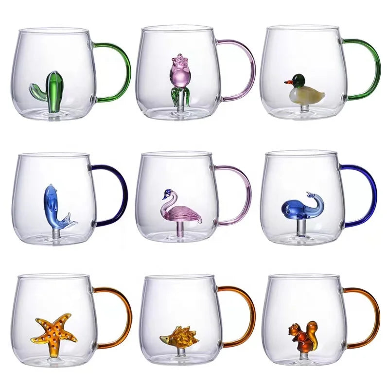 High Borosilicate Glass Cups with Colorful Cartoon Animal Plant Shape Decorations Wish Glass Drinking Mugs with Color Handle