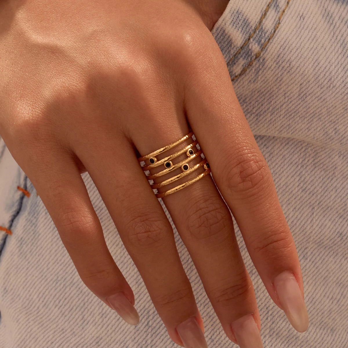 Wholesale Cheap  Fashion Jewelry Stainless Steel Geometric Black Stone Finger Adjustable Rings for Women Gift