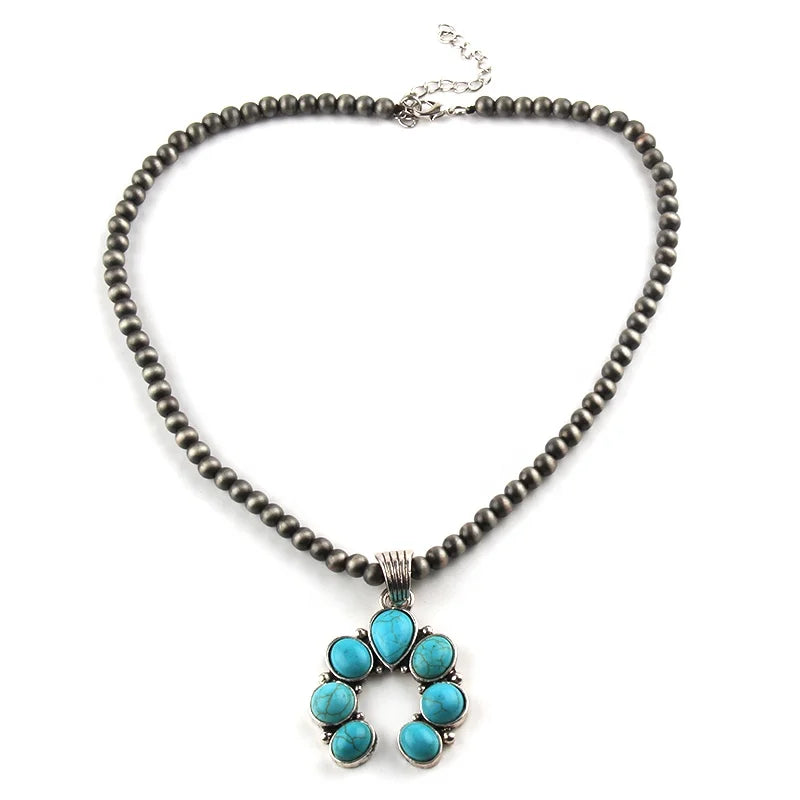 Fashion Boho Jewelry Alloy White Black Red Turquoise Stone Moon Pendant Necklaces Navajo Pearl Necklace Western Jewelry