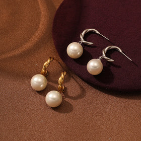 Gold Plated Stainless Steel Twisted Circle Huggie Hoop Earrings for Women Jewelry Natural Shell Pearl Drop Dangle Earrings