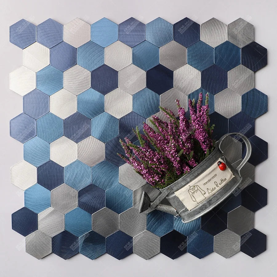 Hexagon Brushed Blue Aluminium Plastic PVC Self Adhesive Mosaic Peel and Stick Vinyl Tiles for Backsplash Wall Kitchen Bathroom