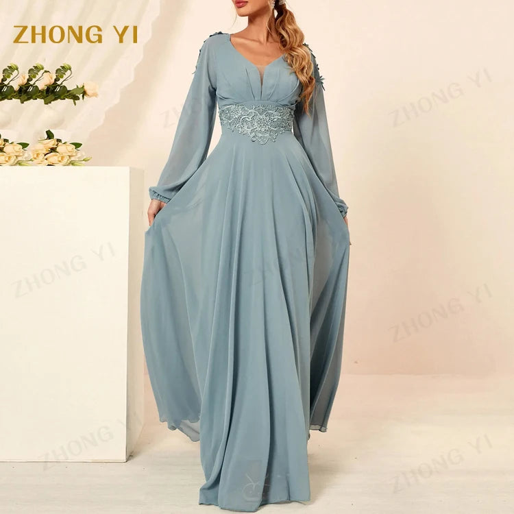 Clothing Factory Wholesale Custom Lace Trimed Appliques Elegant Chiffon Fabric Solid Color Women Casual Maxi Dress