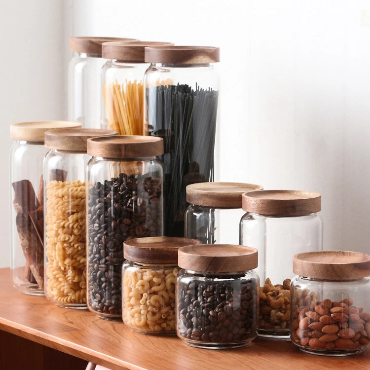 Acacia Wood Seal Lid with Glass Storage Jar Wooden Lidglass Storage Jar with Lid Storage Jar Glass