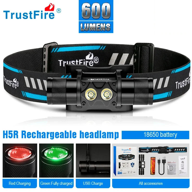 TrustFire H5R Lightweight Dual Aluminum Led Headlight 600Lm Head Flashlight Torch Light 18650 Rechargeable Outdoor Flashlight