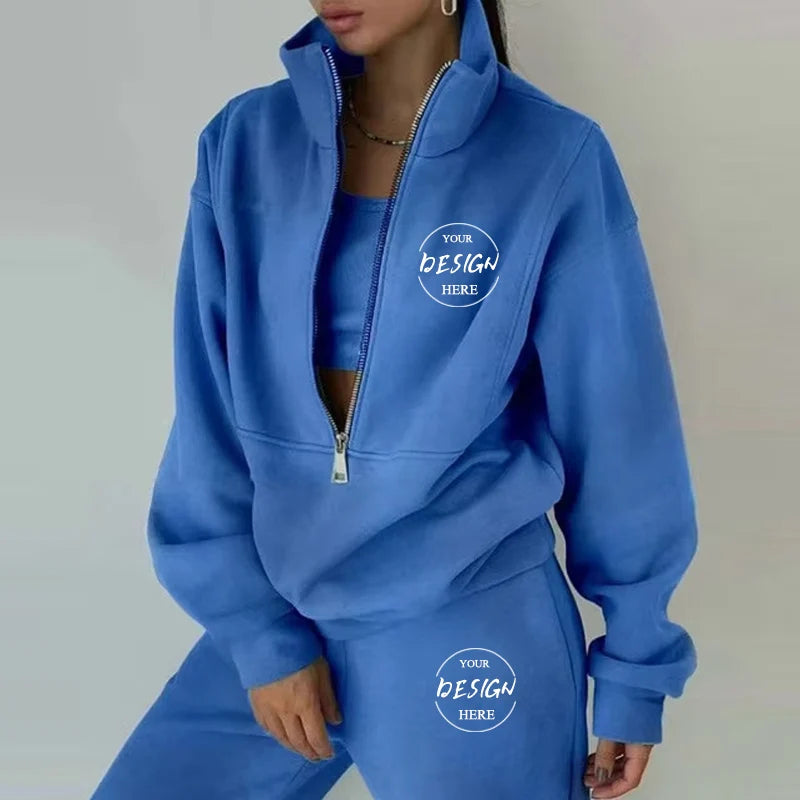 Custom Logo Fashion Large Sizes Winter Tracksuit Half Zipper Fleece Sweatshirt and Sweatpants Set Comfortable 2-piece Set