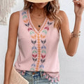 2026 Women's Loose Crocheted Dobby Fabric Summer Vest Top Vintage V-Neck Embroidery Hem Western Ethnic Print T-shirt