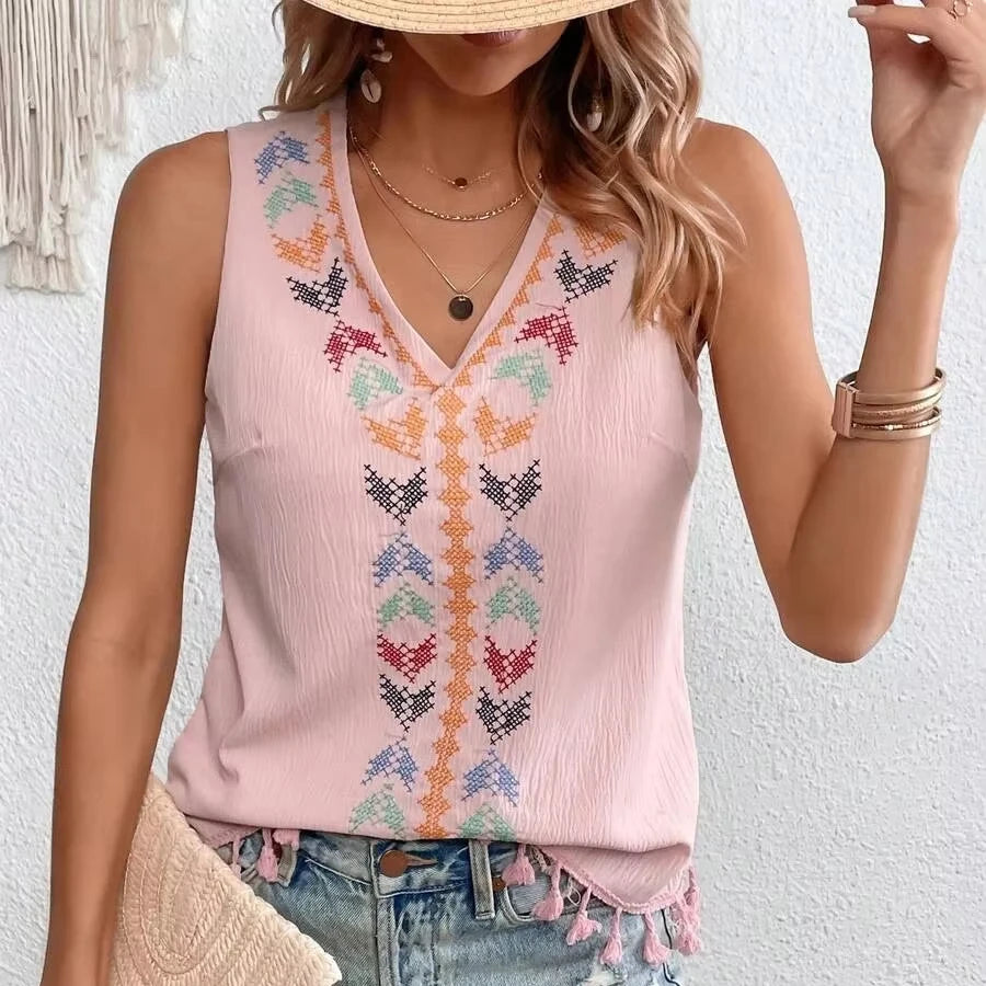 2026 Women's Loose Crocheted Dobby Fabric Summer Vest Top Vintage V-Neck Embroidery Hem Western Ethnic Print T-shirt