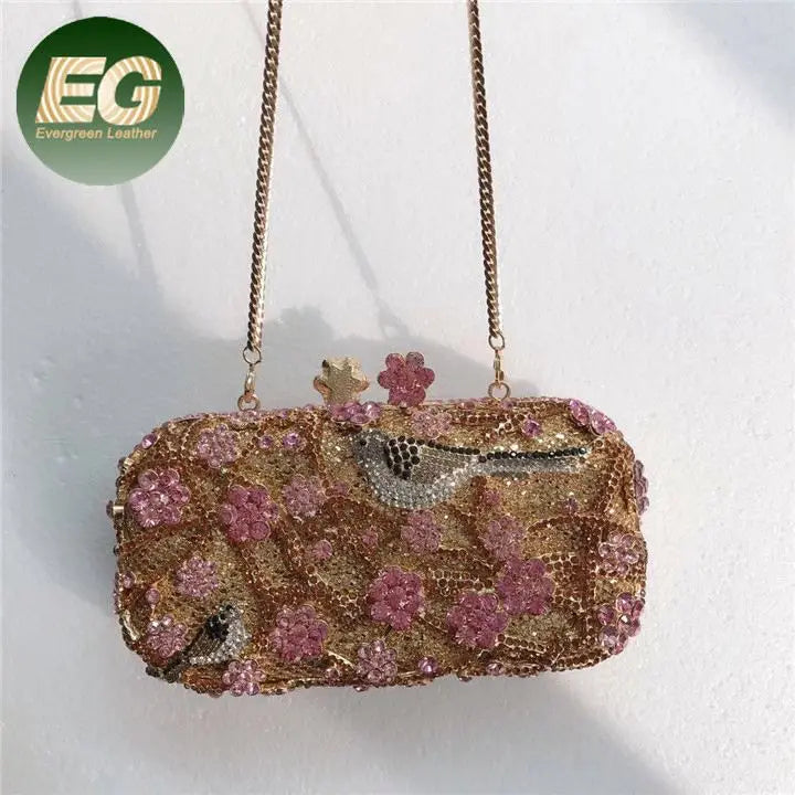 LEB1096 Factory Sale NEW Gold Diamond Evening Purse Small pink Sunflower Rhinestone Crystal Clutch Bags for Wedding MegaBDM