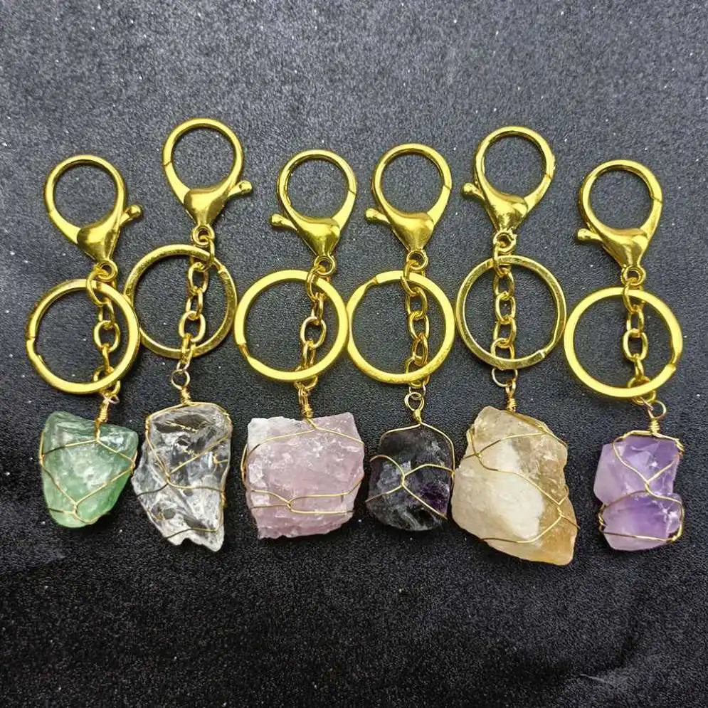New Natural Raw Ore Keychain Gem Quartz Fluorite Citrine Amethyst Irregular Stone Pendants Charms DIY Jewelry Making Accessories
