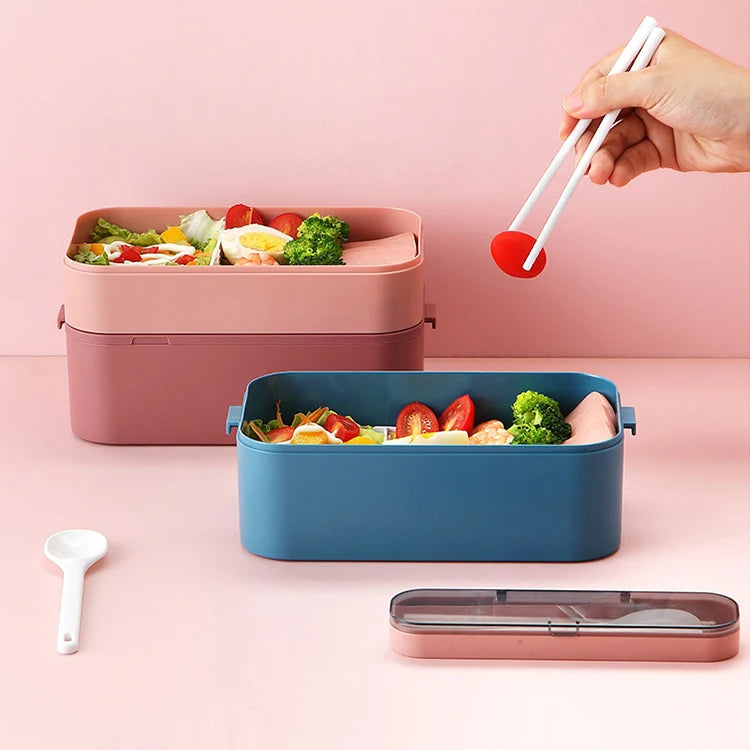 Reusable Microwave Safe Plastic Bento Box with Storage Compartment Kids Adults Lunch Container for Office School Includes Spoon