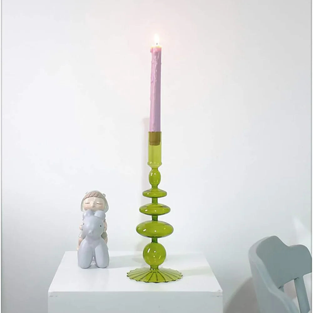 Decorative Antique Green Glass Candlestick Holder with Beaded Design for Home Decoration Eco-friendly