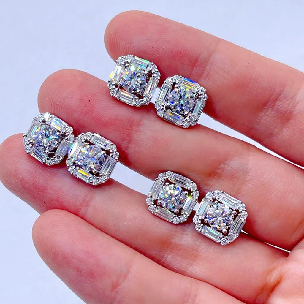 13mm Solid Silver 925 Vvs Moissanite Screw Back Stud baguette Diamond Earrings