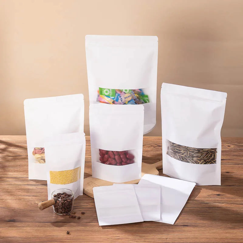 Custom White Kraft Paper Stand-Up Pouch Bag with Zipper Window for Food Pet Food Jelly Salad Sachets Wholesale