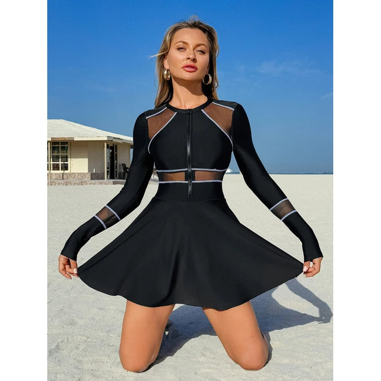 Wholesale Boxer One Piece Swimsuit Black Skirt Surf Suit Mesh Patchwork Swimsuit Wetsuit