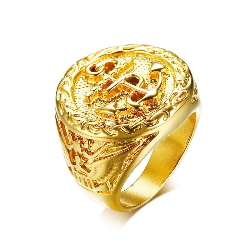 Luxury Vintage Stainless Steel Gold Ring for Men Punk Anchor Signet Wedding Ring for Party Anniversary Cut Jewelry Accessories