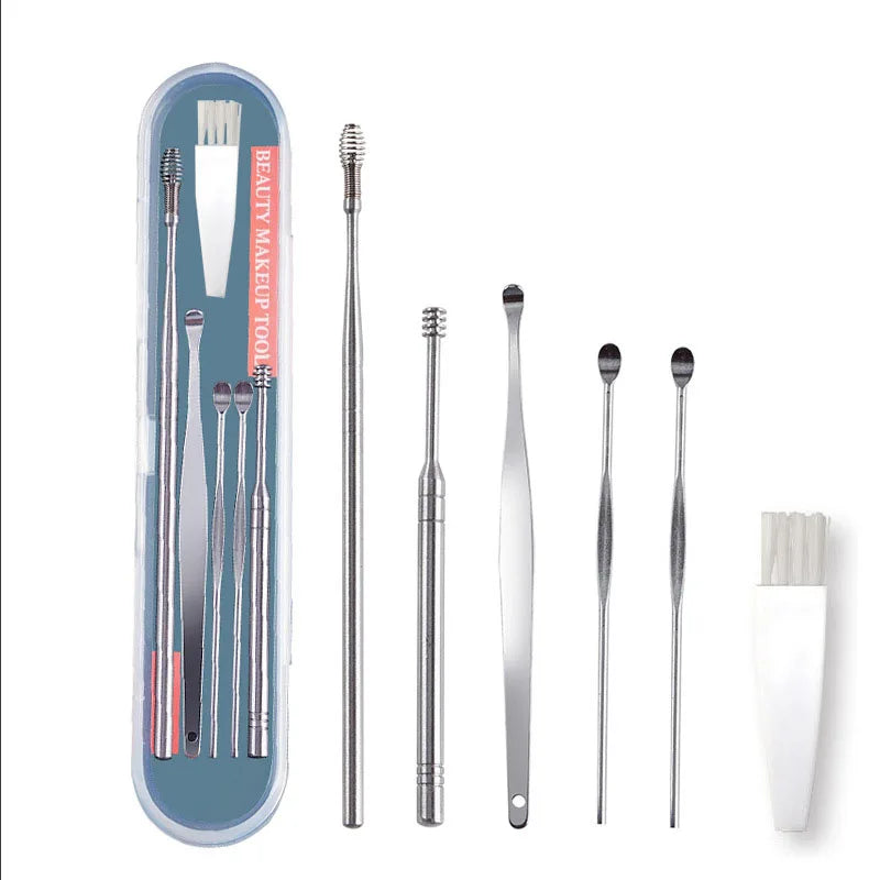 6pcs Ear Cleansing Tool Kit Spring Ear-Wax Cleaner Tool Ear Picks Curette with Cleaning Brush
