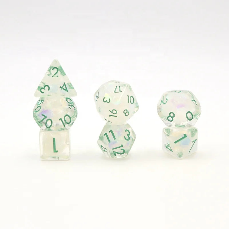 Custom Cheap Dice Game D4 D6 D8 D10 D12 D20 DND Polyhedral Rainbow Flake Inside with Green Ink Resin Dice