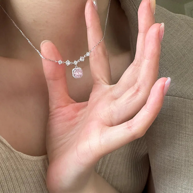 Sweet Square Pink CZ Necklace 925 Sterling Silver Delicate Pink Cubic Zirconia Pendant Cute Sparkling Jewelry for Girls & Teens