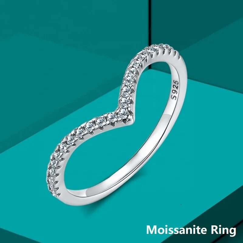 V Shape Gra 18k Gold Rhodium Plated  VVS1 D Color Moissanite Eternity Ring Tennis Band 925 Sterling Silver Women Wedding Jewelry