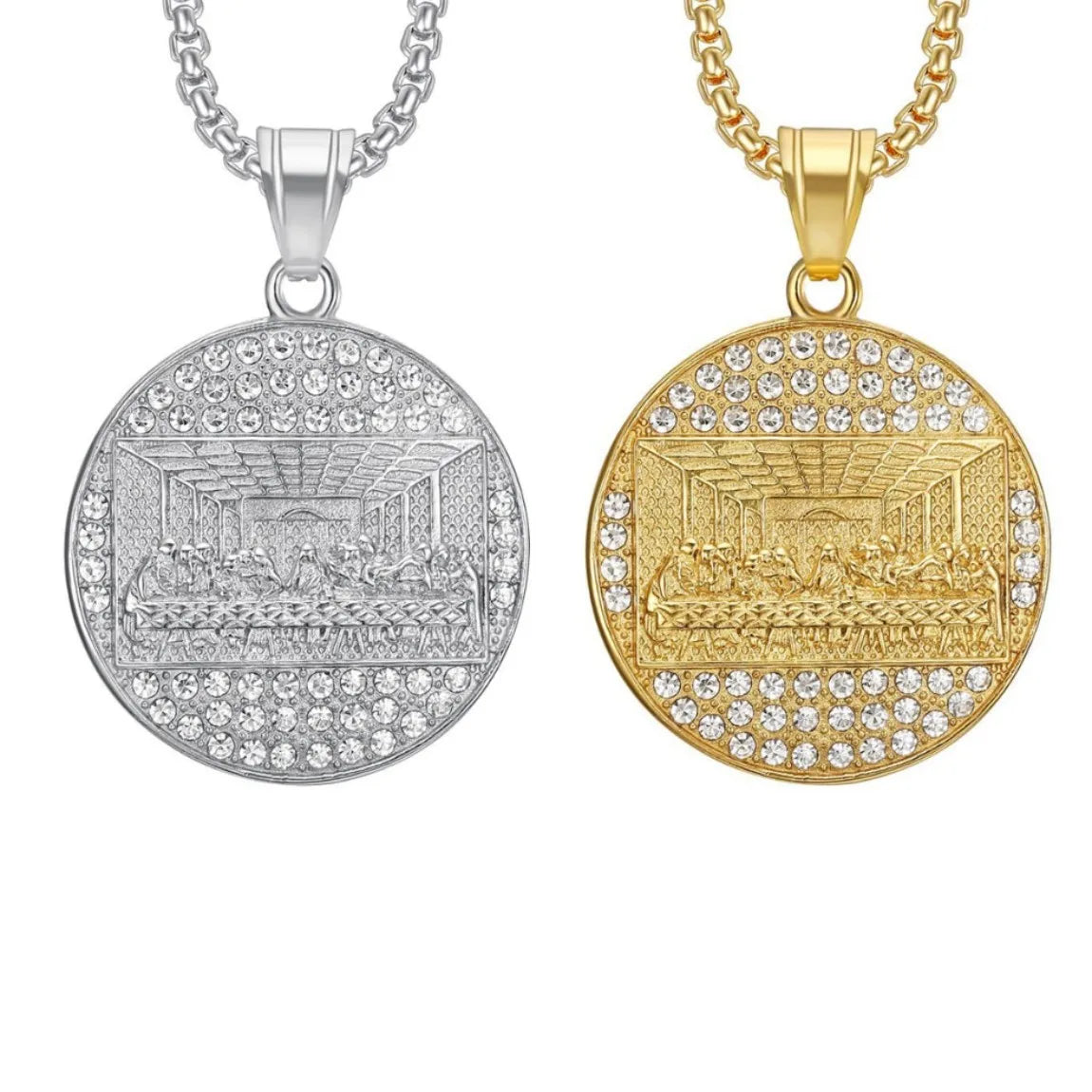 Wholesale Men's Hiphop Last Supper Diamond Thirteen Cross Pendant Necklace Stainless Steel Jewelry with Zircon Stone