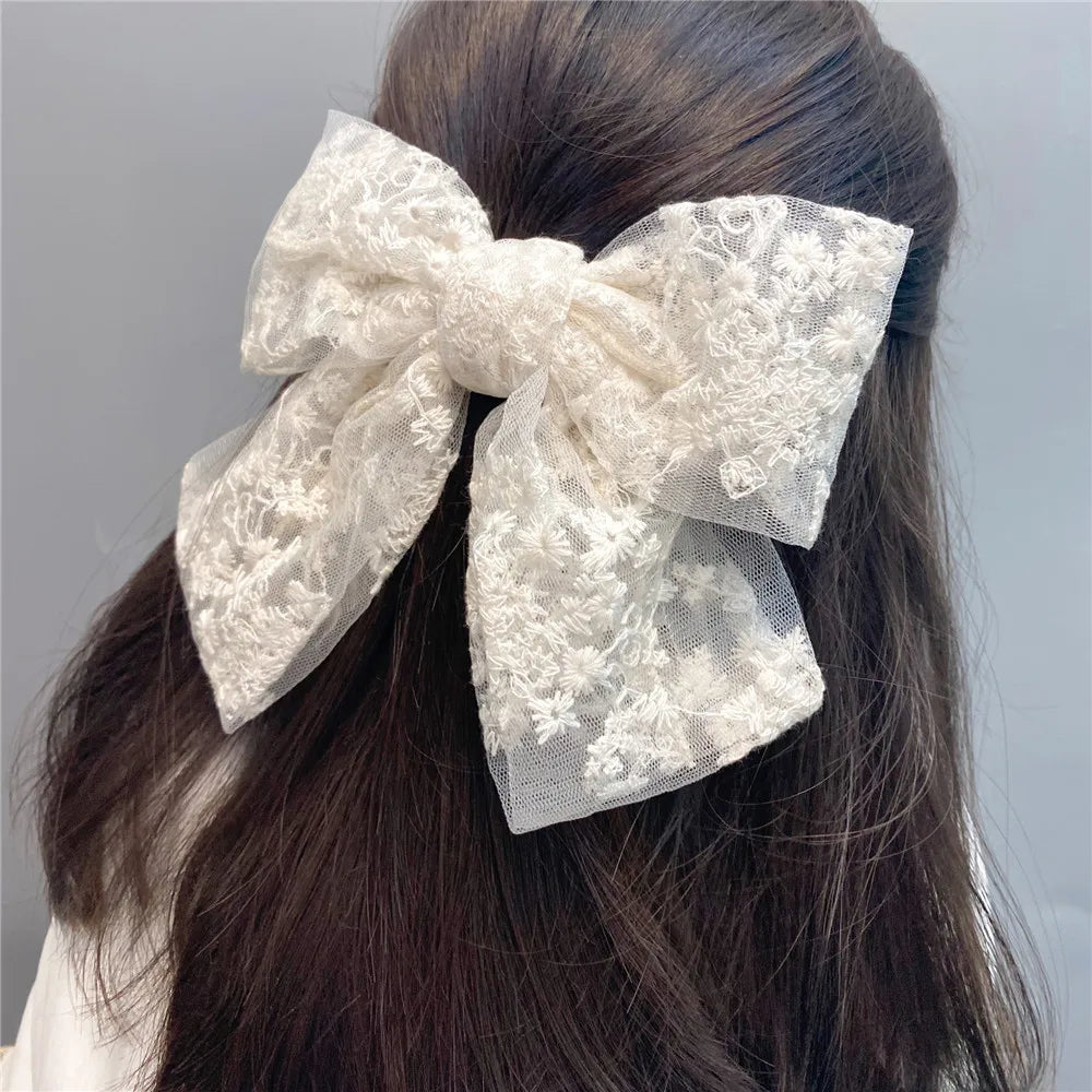 2021 Customize Luxury Fabric Bows Hair Clips Ivory Lace Double Bow Knots for Young Girls