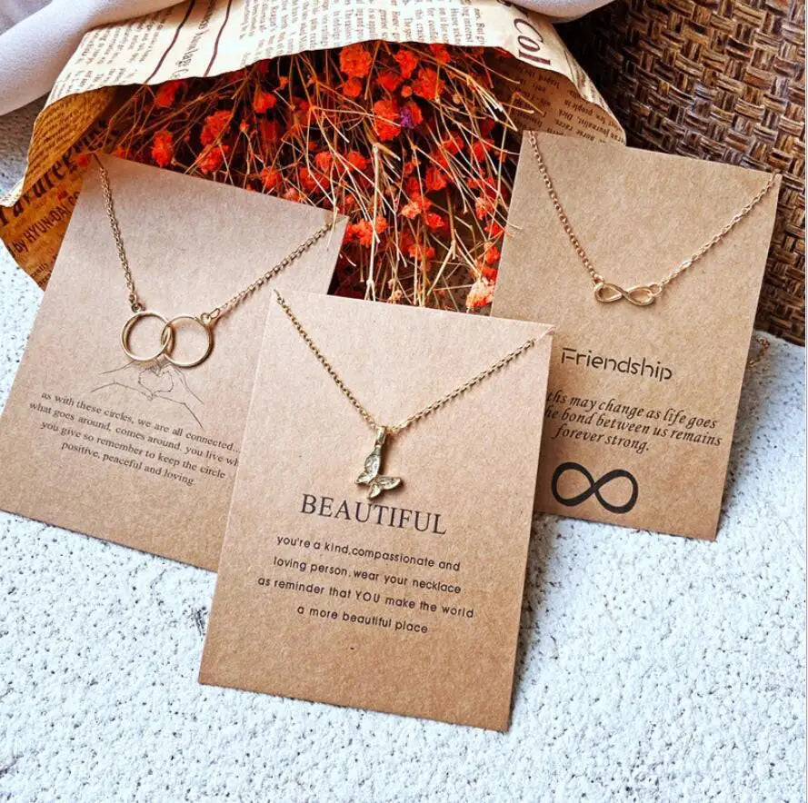 Vintage Card Pendant Thin Chain Double Circle and Butterfly Friendship Necklace for Women Girls Jewelry Wholesale