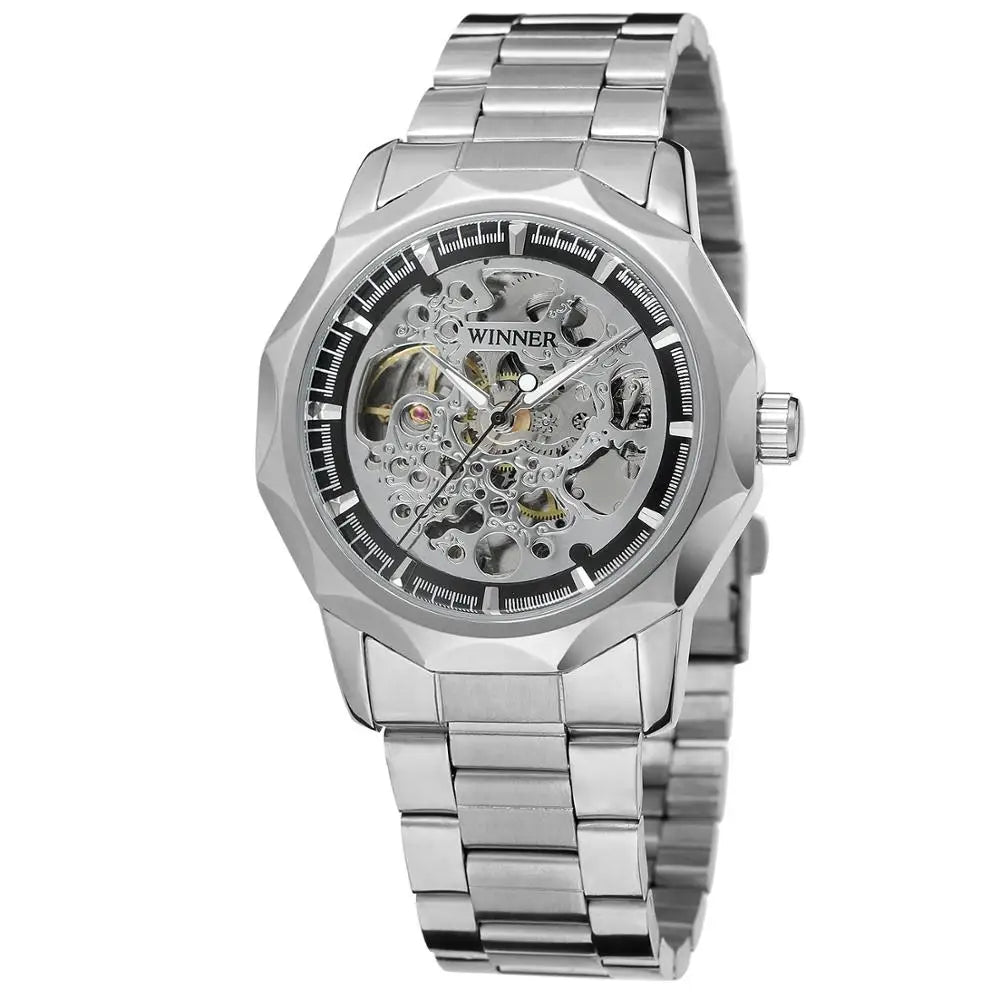 T-winner Factory Stock Men's Luxury Mechanical Skeleton Automatic Watch Stainless Steel Band