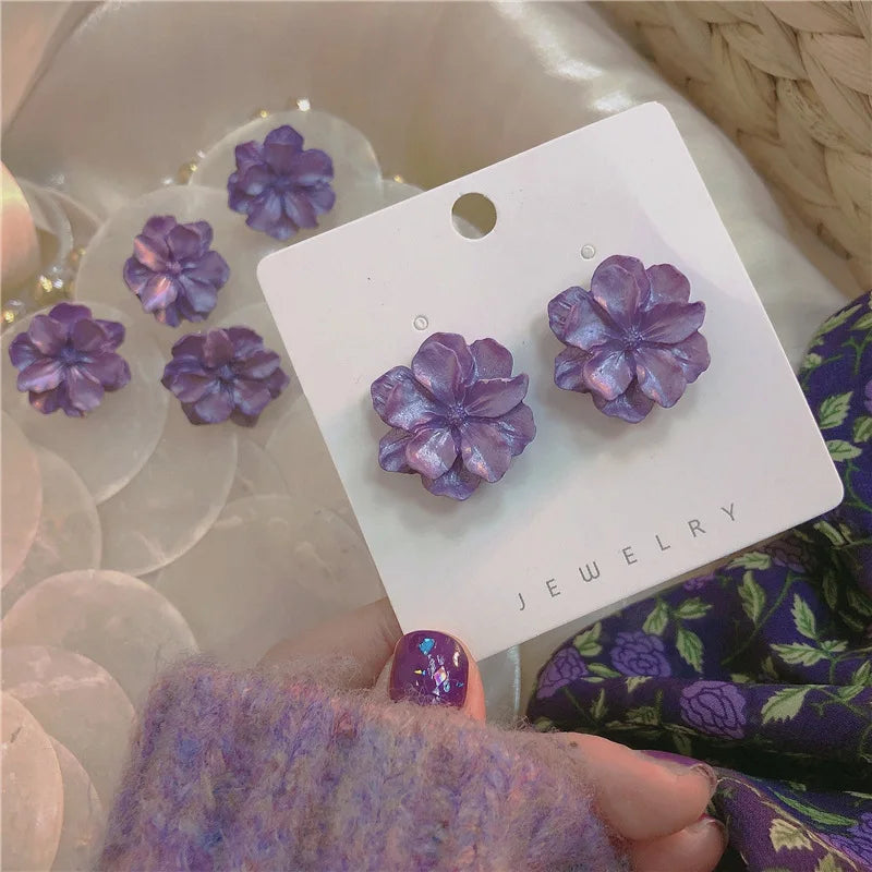 Wholesale Cheap Fashion Gardenia Cute Small Brass Purple Flower Stud Earrings for Girls Women Gift