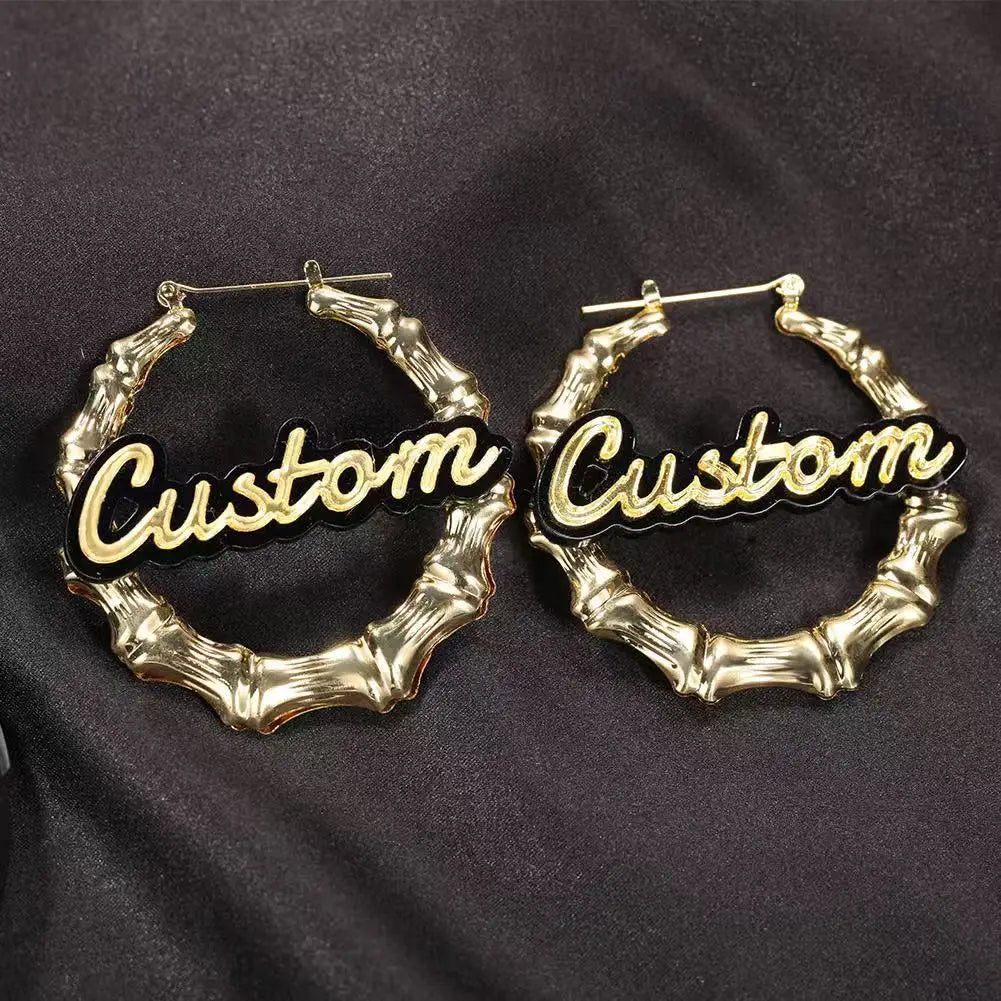 Christmas Gift Hip Hop Name Plated Hoop 18k Gold Plating Personalized Women Bamboo Earrings Jewelry