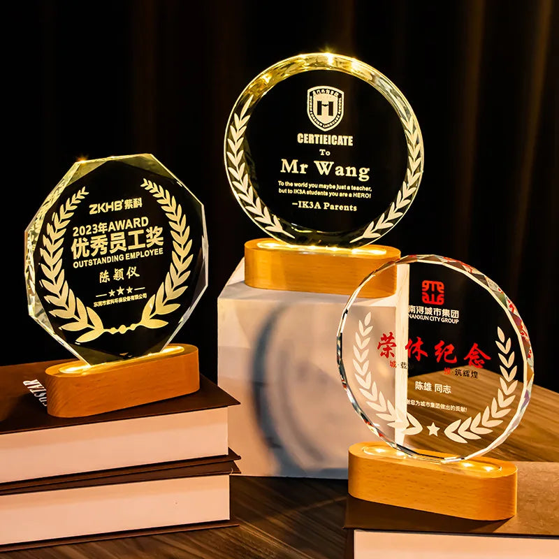 New Design Led Light up Crystal Plaque Crystal Trophy Award with Wooden Light Base MH-NJ0321