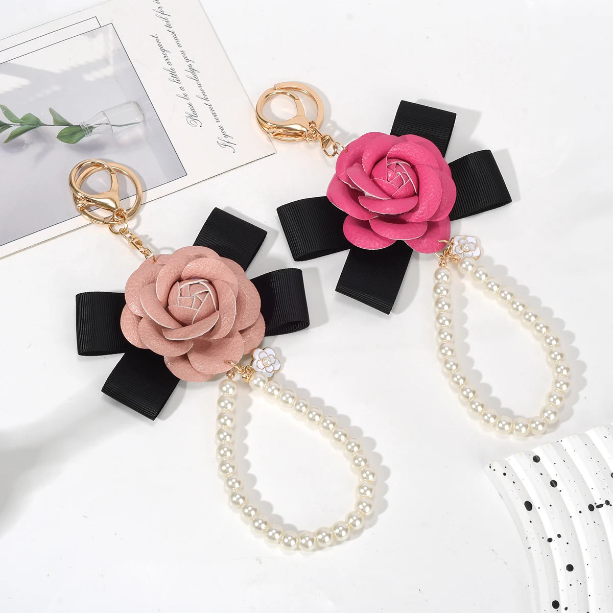 Camellia Keychain Bow  Pearl Chain  Versatile Mobile Phone Bag Pendant Female Creative and Personalized Pendant  Key Chain