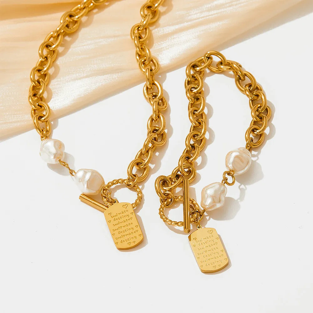 Pearl Luxury Jewelry Necklace Bracelet Set for Girls Beads Freshwater Pearl Necklace Stainless Steel Chain Link
