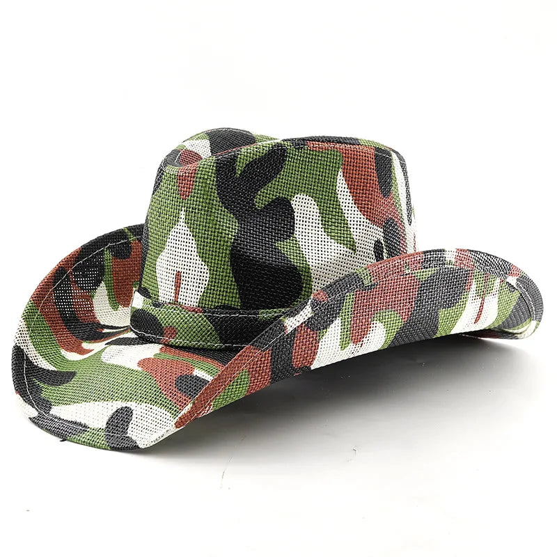 Camouflage Print Woven Paper Beach Summer Wide Brim Travel Sombreros De Paja Sun Cowboy Cowgirl Straw Hat Manufacturer