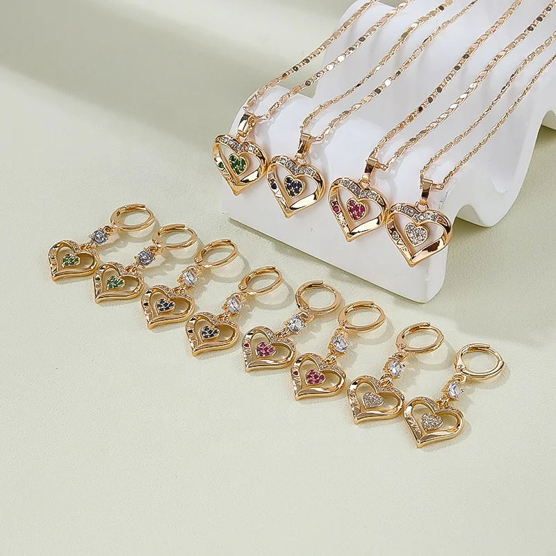 Hengdian Heart-Shaped Zirconia Necklace and Earrings Fashion Jewelry Set Jewelry Sets  for Women
