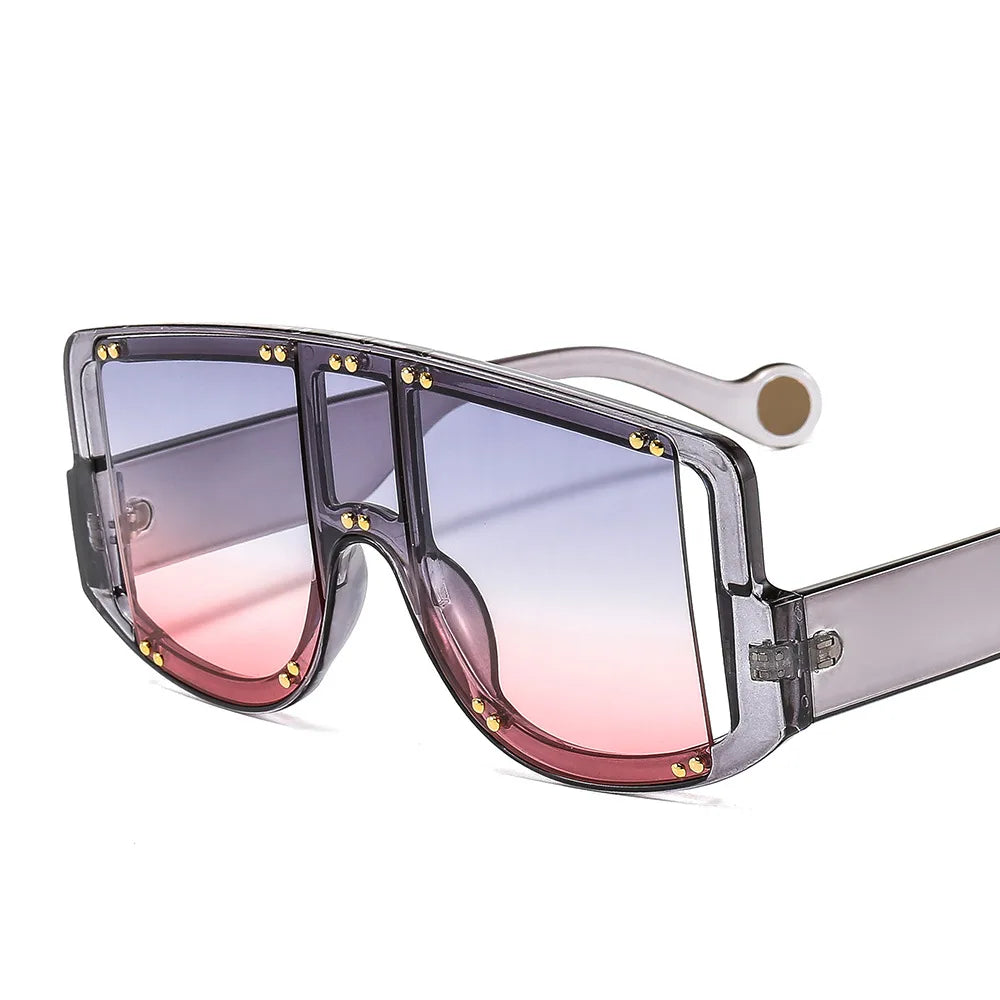 Steampunk Fashion Oversized UV400 Sunglasses One Piece Sports Riding Glasses with Rivet Blue and Gray Frame for Men and Women