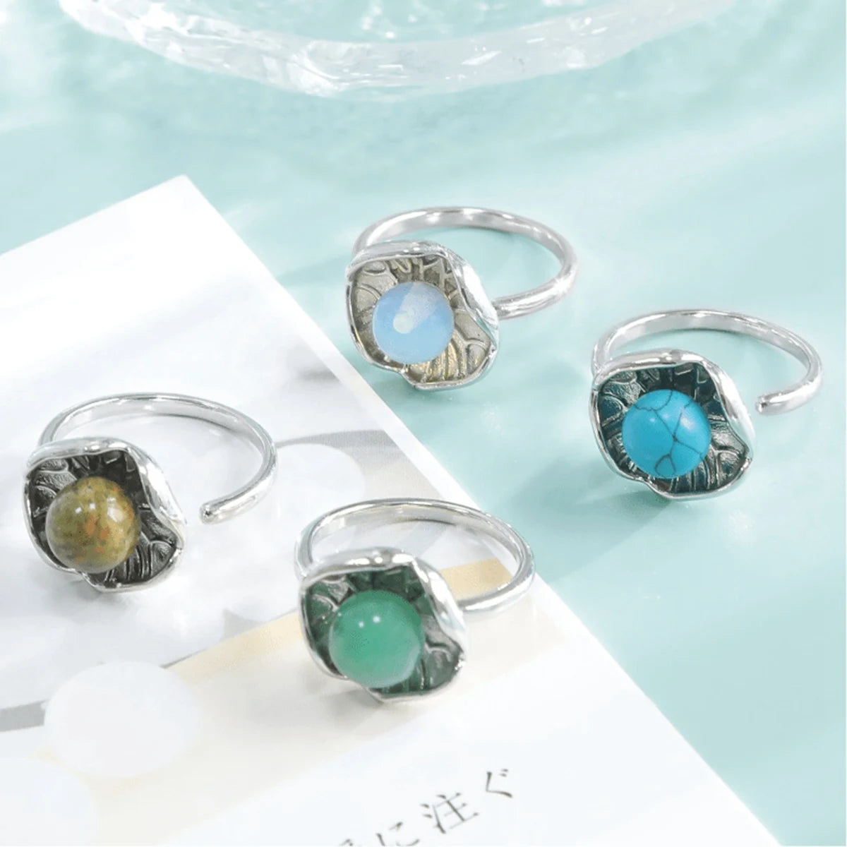 Fashion Gemstone Spheres Lotus Leaf Rings Adjustable Healing Chakra 8MM Crystal Dewdrop Spiritual Knot Statement Rings Jewelry