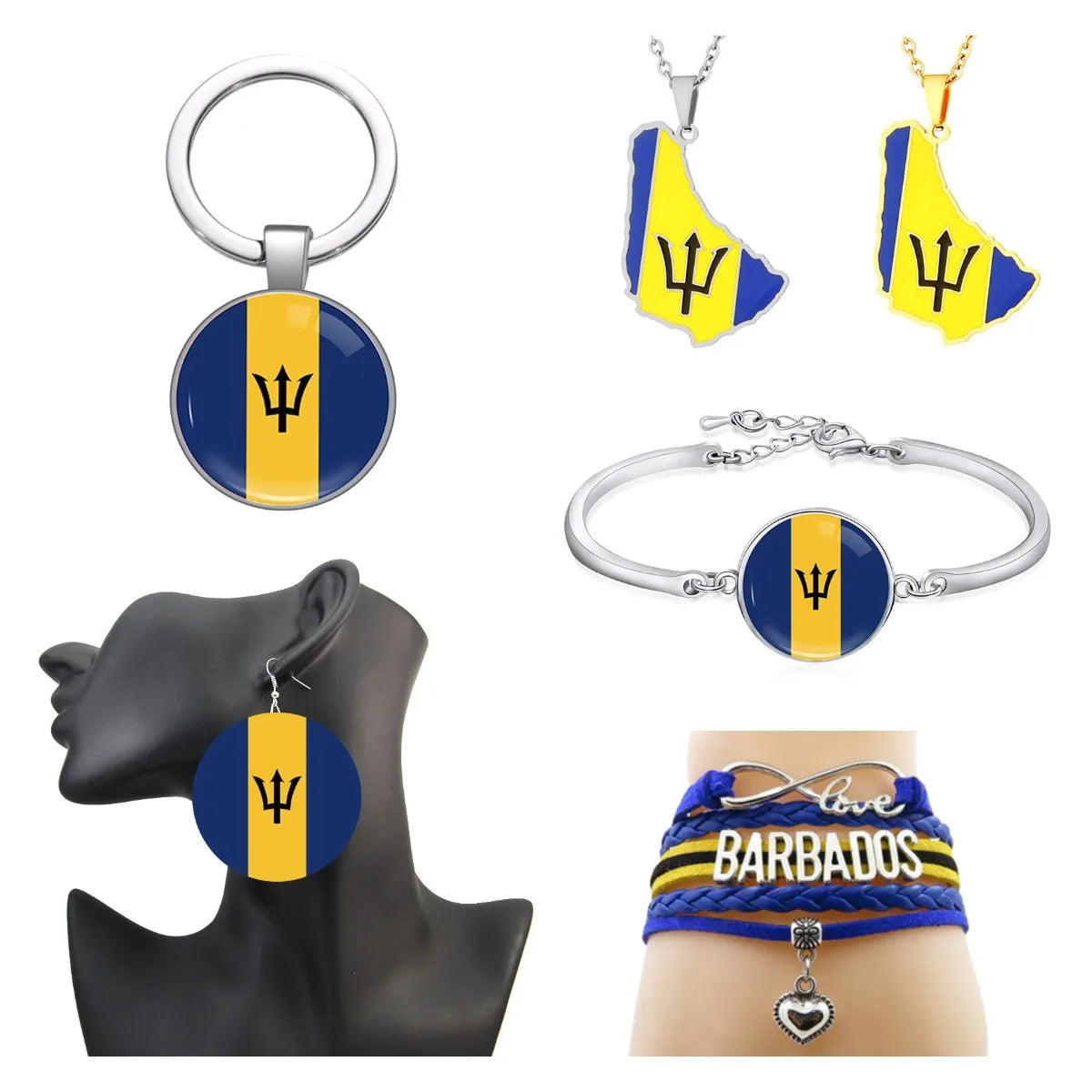 Manufacturer Barbados Map Charm National Flag Pendant Necklace Bracelet Bangle Earrings Keychain Jewelry Set