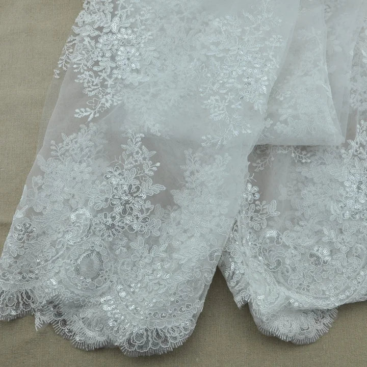 Ebay Hot Beautiful Flower Embroidery Tulle Fabric White Sequin Bridal Lace Mesh Trim WTPA-082
