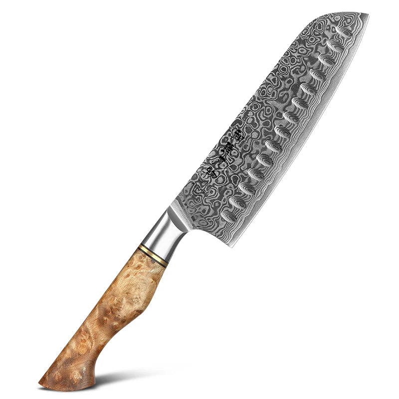67 Layers Damascus Steel Professional Chef Kitchen Santoku Knife with Figured Sycamore Handle