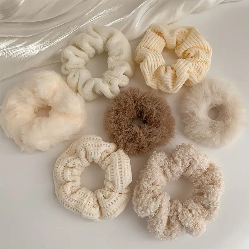 Popular Luxury Velvet Satin Plush Large Intestine Winter Warm Soft Furry Elastic Women Girls Ponytail Holder Hair Rope