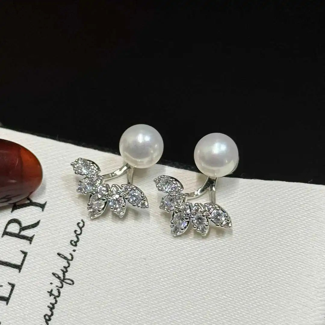 Anti Allergy Feather Stud Earrings 7-8mm Natural White Bread Freshwater Pearl 925 Silver Platinum Plated AAAA Pearl Earrings