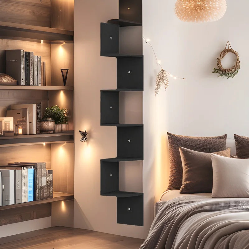 5 Tier Wall Mount Wood Storage Rack Lacquer Finished Black Wooden Collection Display Stand Home Decor with Metal Material
