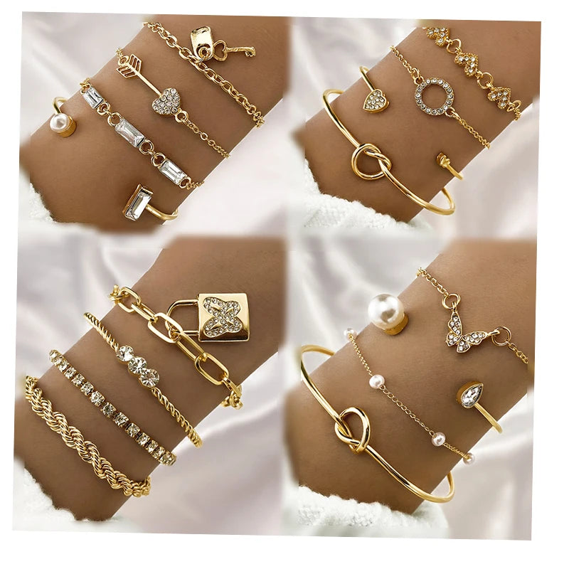 VKME Vintage Punk Gold Color Pearl Heart Twist Chain Tennis Chain Bracelet Butterfly Zirconia Bracelet Set for Women Jewelry