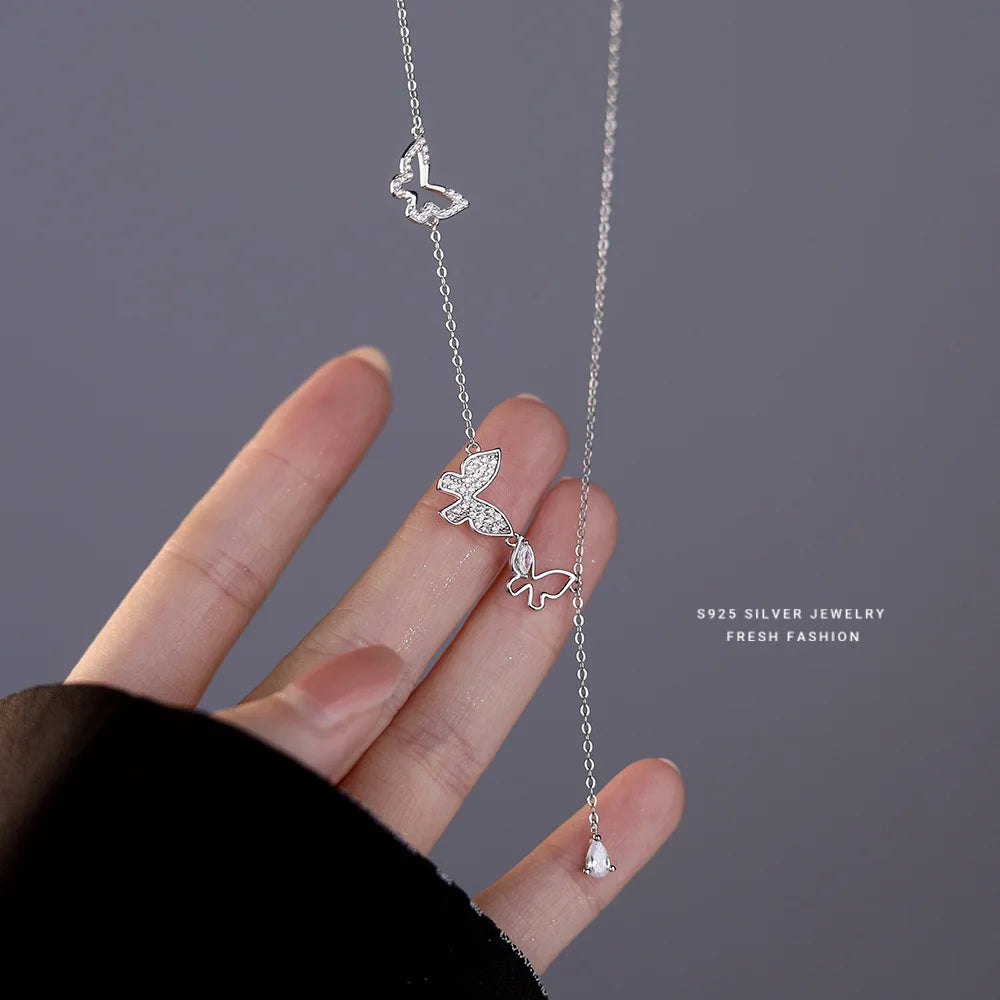 Sweet Butterfly Full Diamond Necklace Long Tassel Drop Necklace Shiny Zircon Charms Silver Necklace for Women