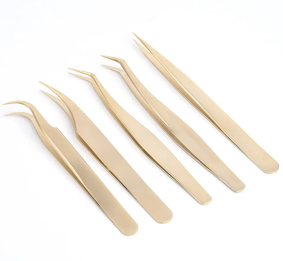 Factory Private Label 5-Pcs Stainless Steel Makeup Tool Kit Precise Eyebrow Eyelash Tweezers Slanted Golden Eyelash Clip