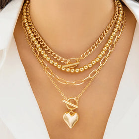 2024 Fashion Jewelry Hip-hop Punk New Minimalist Beaded Set Necklace Women's Geometric love Heart Layered Gold Necklace Jewelry