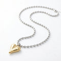 QIAOREN 11430 Two Tone Silver & Gold Puffy Heart Pendant Rice Bead Chain Necklace Stainless Steel Tarnish Free