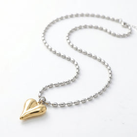 QIAOREN 11430 Two Tone Silver & Gold Puffy Heart Pendant Rice Bead Chain Necklace Stainless Steel Tarnish Free