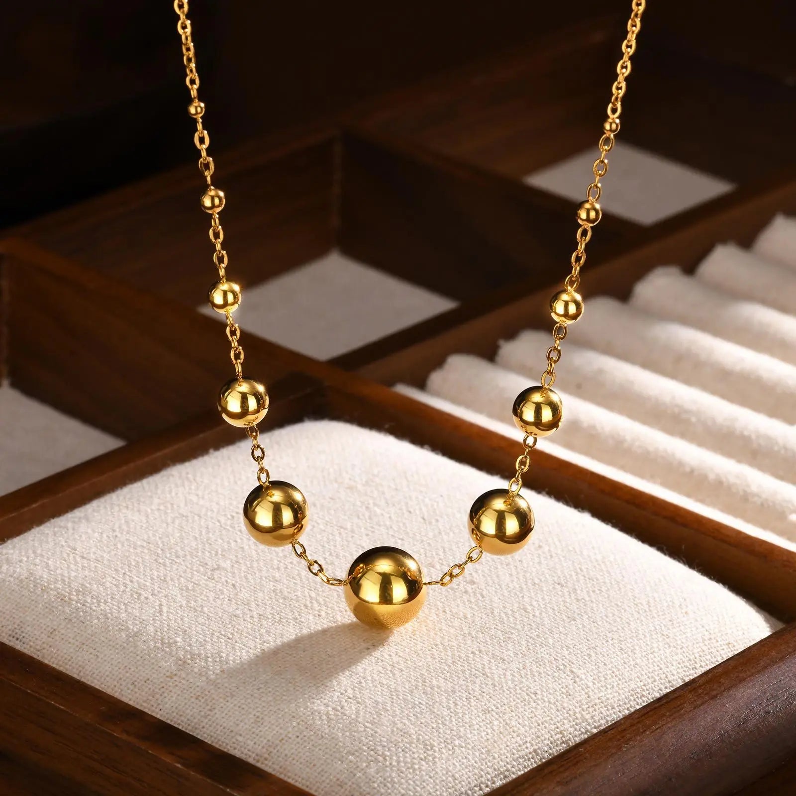 European American Stainless Steel Necklace for Ladies Gold Bead Clavicle Chain Flat Pattern Ball Religious Trendy Gift Idea
